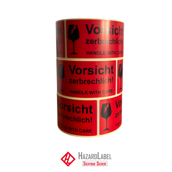 Versandaufkleber Vorischt zerbrechlich, 5x10 cm, zweisprachig rot